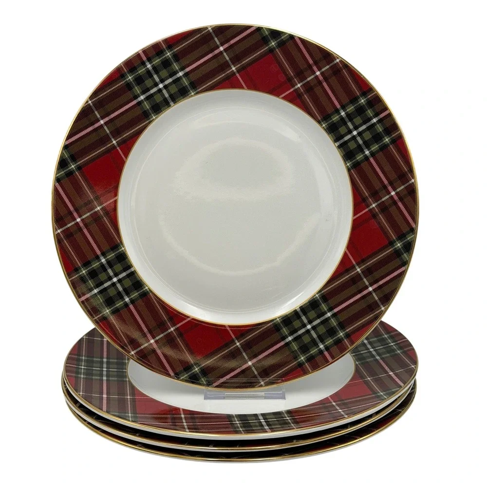 222 Fifth Wexford Christmas Holiday Red Plaid Porcelain Dinner Plates Set of 4